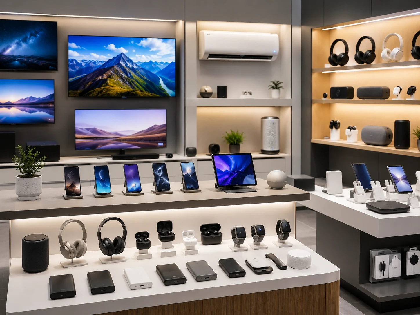Electronics showroom with televisions, phones, tablets and audio devices